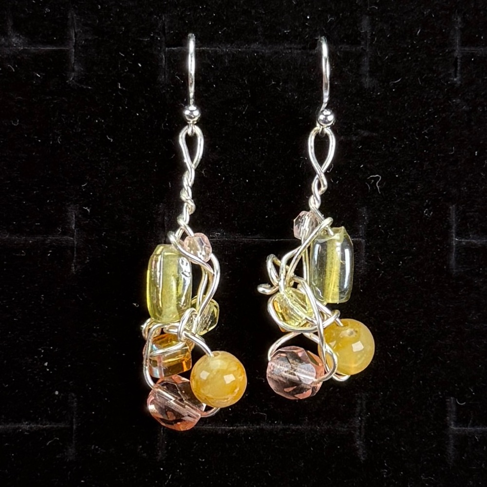 Handcrafted Yellow and Amber Bead Cluster Dangle Earrings